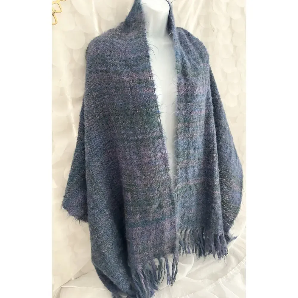 Vintage Wool & Mohair Pashmina Scarf Wrap Purple Blue Green Fringe Boho 25 X 68”